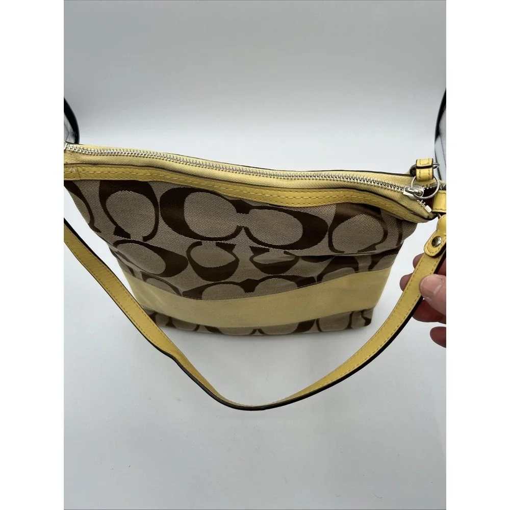 COACH Signature Khaki Canvas Logo CC Yellow Stripe Crossbody Bag  Y2K #F13674